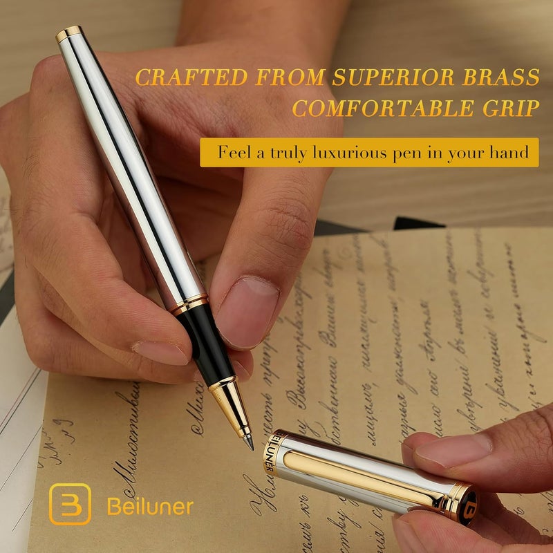 BEILUNER Luxury Rollerball Pen, Stunning Silver Chrome with 24K Gold Finish,Noble and Elegant Designs,Schneider Ink Refill, Best Gift Pen for Men & Women, Professional, Executive Office, Fancy Pens - Image 4